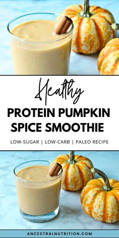 healthy pumpkin spice smoothie in a glass with cinnamon on the side and two small pumpkins behind it