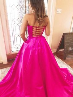 Prom Dresses Hot Pink, Prom Dresses Hot, Dresses Hot Pink, Prom Dresses Long Pink, Prom Inspo, Dress Pictures, Strapless Evening Dress, Prom Dresses With Pockets, Long Prom Dresses