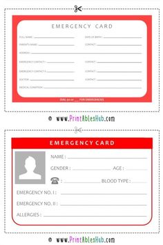 an emergency card with the name and number on it