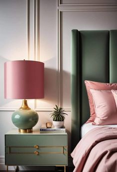 a green headboard with pink pillows on it and a gold lamp next to it