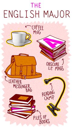 the english major things in this poster are on pink and white background, including books, a coffee mug, a book bag, a pair of reading glasses, an earburst