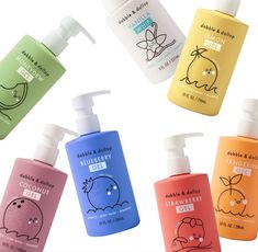 six bottles of hand and body lotion are shown in the same color as each other