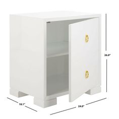 an image of a white cabinet with gold hardware on the door and bottom drawer measurements