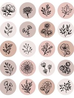 various flowers and leaves drawn in black ink on a pink circle with the words, i love