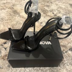 New With Tags Black Tie Up Heels With Locket Black Pointed Toe Sandals For Date Night, Sleek Black Ankle Strap Heels, Black Tie Up Heels, Tie Up Heels, Fashion Nova Shoes, Shoes Black, Black Tie, Locket, Shoes Women Heels