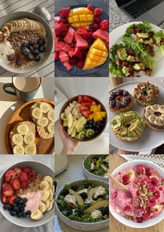 several pictures of different foods in bowls and on plates, including bananas, kiwis, strawberries, blueberries, raspberries