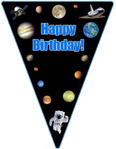 a happy birthday banner with an image of the planets and space shuttles on it