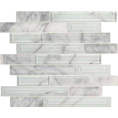 white and grey marble mosaic tile with silver trims on the edges, set against a white background