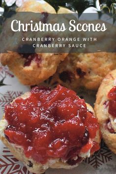 Cranberry Orange Christmas Scones served with cranberry sauce Sweet Scones Recipe, Christmas Scones, Sweet Scones, Cranberry Orange Scones, Fruit Scones, Homemade Cranberry Sauce, Orange Scones, Cranberry Sauce Recipe, Orange Christmas