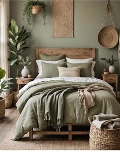 a bed sitting in a bedroom next to a window with green walls and wooden furniture