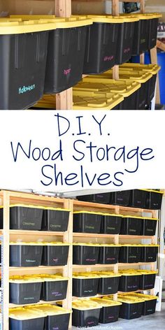 the diy wood storage shelves are organized with plastic bins