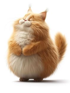 an orange and white cat sitting on its hind legs with it's eyes closed