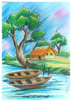 how to draw a scenery with boat Nature Drawing Pencil Sketches, A Scenery Drawing, Boat Scenery Painting, Drawing A Background, Easy Drawing Scenery, Easy Drawing Watercolor, Scenery Drawing With Colour Pencil, Watercolor Scenery Drawing, Drawing Ideas Colored Pencil Easy Nature