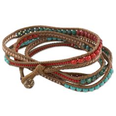 the multi - stranded leather bracelet with turquoise and red beads