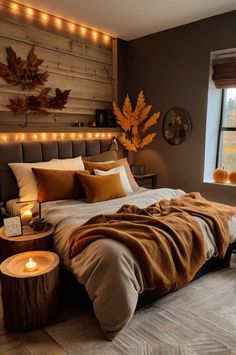 a bedroom with a large bed covered in blankets and pillows next to a lit candle