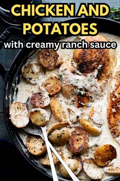 chicken and potatoes with creamy ranch sauce in a skillet