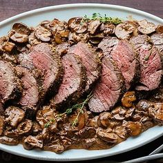 steak with mushrooms and mushroom sauce on a white plate