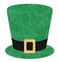 a green hat with a gold buckle on the front and black band around the top