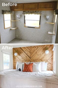 before and after photos of a bedroom with wood paneling on the walls, window above bed