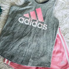 Nwt Adidas Short Set Girls ..Pink And Grey With Racer Back And Elastic Waist Cheap Adidas Playwear Sets, Town Outfits, Adidas Set, 2 Piece Short Set, Adidas Short, Tracksuit Outfit, Adidas Tracksuit, Adidas Pink, Adidas Girl