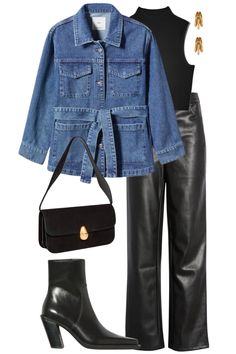 Denim And Leather Outfit, Denim Jacket With Belt Outfit, Denim Jacket With Belt, Fall Outfits With Denim Jacket, Denim Leather Outfit, Denim Blazer Outfits For Women, Belted Denim Jacket