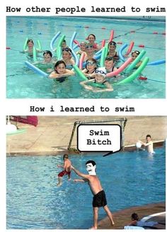 two pictures with people playing in the water and one has an inflatable pool