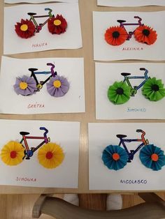 six different types of flowers on cards with bicycles in the middle one is red, green, blue, and yellow