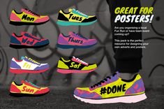 there are many colorful shoes with the words great for posters on them in different colors