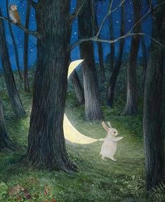 a painting of a rabbit in the woods at night with an owl on his back