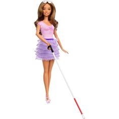 a barbie doll with a pink dress and purple hair holding a white stick in her hand