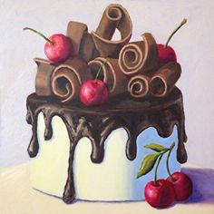 a painting of a cake with cherries and chocolate icing on the top is shown