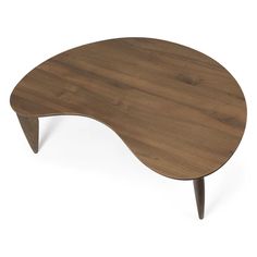 an oval wooden table with two legs and a curved design on the top, against a white background