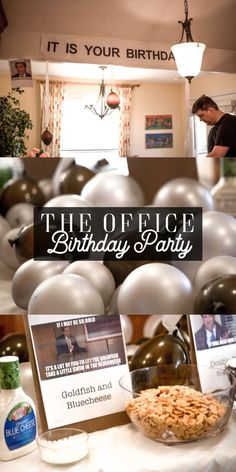 the office birthday party is set up with balloons