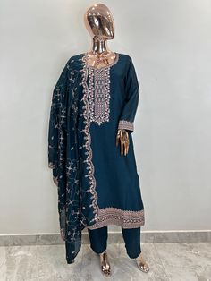 Navy Blue Embroidered Silk Kurta with Palazzo & Dupatta Indian Summer Wear For Women/ Indian Wedding Wear / Indian Plus Size Dress For Women / Customisation Available The set contains : 1 Straight Kurta 1 Palazzos 1 Dupatta Kurta: The navy blue embroidered kurta comes with a round neck . The kurta measures till the calf length and comes with a straight hem. It also comes with zari detail.  Sleeve Length : 3/4 Sleeves Trousers :  Solid trousers has partially elasticated waistband with slip on clo Festive Embroidered Chinon Anarkali Set, Festive Embroidered Anarkali Set In Chinon, Festive Designer Traditional Wear With Resham Embroidery, Festive Dola Silk Sets With Multicolor Embroidery, Festive Multicolor Embroidered Dola Silk Set, Festive Sets With Multicolor Embroidery, Embroidered Straight Kurta Anarkali Set In Art Silk, Unstitched Straight Kurta With Dabka Work For Festive, Festive Chinon Salwar Kameez With Dabka Detail