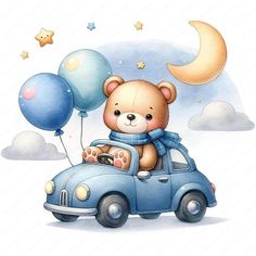 a teddy bear sitting on top of a blue car with balloons in the sky behind it