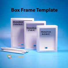 three white box frames with measurements for each item on the blue background and below them