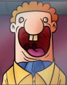 an animated image of a man with his mouth open and tongue out, wearing a yellow shirt