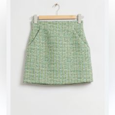 New With Tags. Size Us 2. Zips On Back. Pockets On Side. Tweed Material. Green Tweed Dress For Work, Tweed Mini Skirt With Pockets, Tweed Material, Tailored Skirt, Satin Mini Skirt, Green Tweed, Gingham Skirt, Green Mini Skirt, Bias Cut Skirt