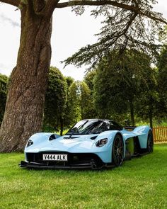 a blue sports car parked in front of a tree