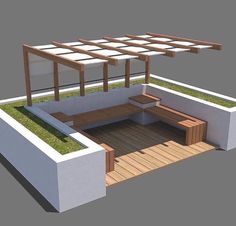 an outdoor seating area with wooden benches and grass growing on the roof top, is shown in 3d