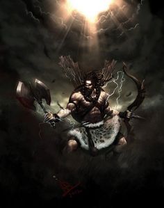 an image of a man with two axes in his hand and lightning coming out from behind him