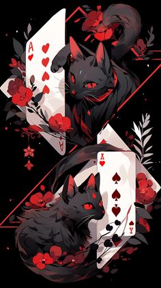 two cats playing cards with red flowers and leaves on them, one cat is laying down