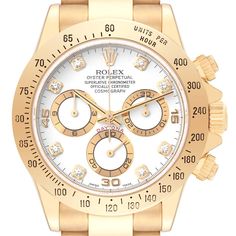 Rolex Daytona Yellow Gold White Diamond Dial Mens Watch 116528 Box Papers. Officially certified chronometer self-winding movement. Rhodium-plated, oeil-de-perdrix decoration, straight line lever escapement, monometallic balance adjusted to 5 positions, shock absorber, self-compensating free sprung Breguet balance spring, Microstella regulating screws, hack mechanism. 18K yellow gold case 40.0 mm in diameter. Special screw-down push buttons. Triplock winding crown protected by the crown guards. 18K yellow gold tachymeter engraved bezel. Scratch resistant sapphire crystal. White dial with original Rolex factory diamond hour markers. Outer 1/5th seconds track. Gold outlined subsidiary dials -- small seconds, 12-hours, and 30-minute registers. Luminous yellow gold and black baton hands. 18K ye Rolex Daytona Watch, Rolex Models, Crystal White, Straight Line, Rolex Daytona, Paper Models, Gold Case, White Dial, White Diamond