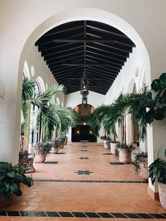 an arched hallway with potted plants on either side