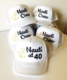 Nauti at 40! This is a fun hat for your favorite 40 year old and the Nauti Crew hats are perfect for her crew!! *this is an adult size trucker hat I welcome custom requests ~ please convo me to work out your own design! :: Hat Details :: - 100% Polyester Front - 100% Nylon Mesh Back - 5-panel cap - Seamless Foam Front Panel with Lining - Matching Mesh Color Braid - 8 Rows Stitching on Visor - Matching Fabric Undervisor - Matching Color Sweatband - Plastic Adjustable Snap 40th Birthday Boat Party, 40th Birthday Cruise, Nautical Party Favors, Anchor Birthday, Disney Birthday Shirt, Birthday Cruise, Fun Hat, Forty Birthday, Custom Birthday Shirts