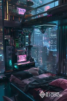 a futuristic bedroom with city lights in the backgroud and lots of bedding