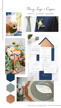 the wedding stationery is shown with different colors