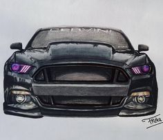 a drawing of the front end of a black sports car with its lights turned on