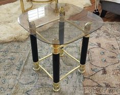 Vintage Gold Tone Faux Tusk & Black Laquer Glass Top Side Tables 1980s - Etsy