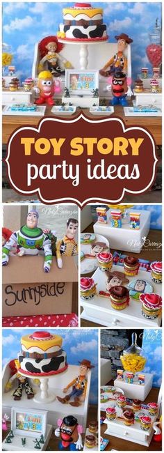 toy story party ideas including toys, cake and cupcakes